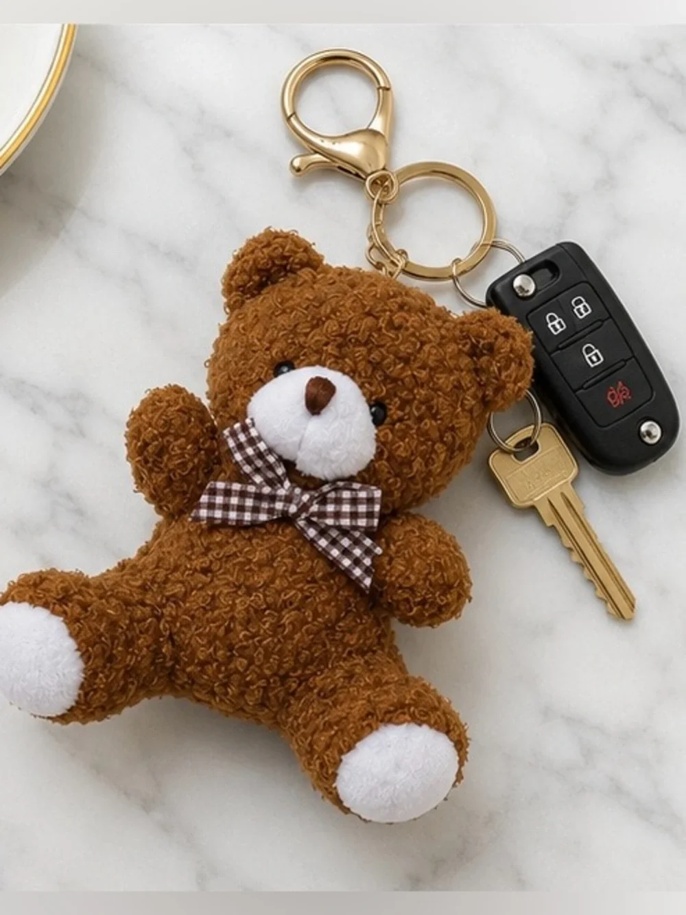 Teddy Bear Plush Bag Charm & Keychain | Brown Gingham Bow | 5” NWT 🧸✨